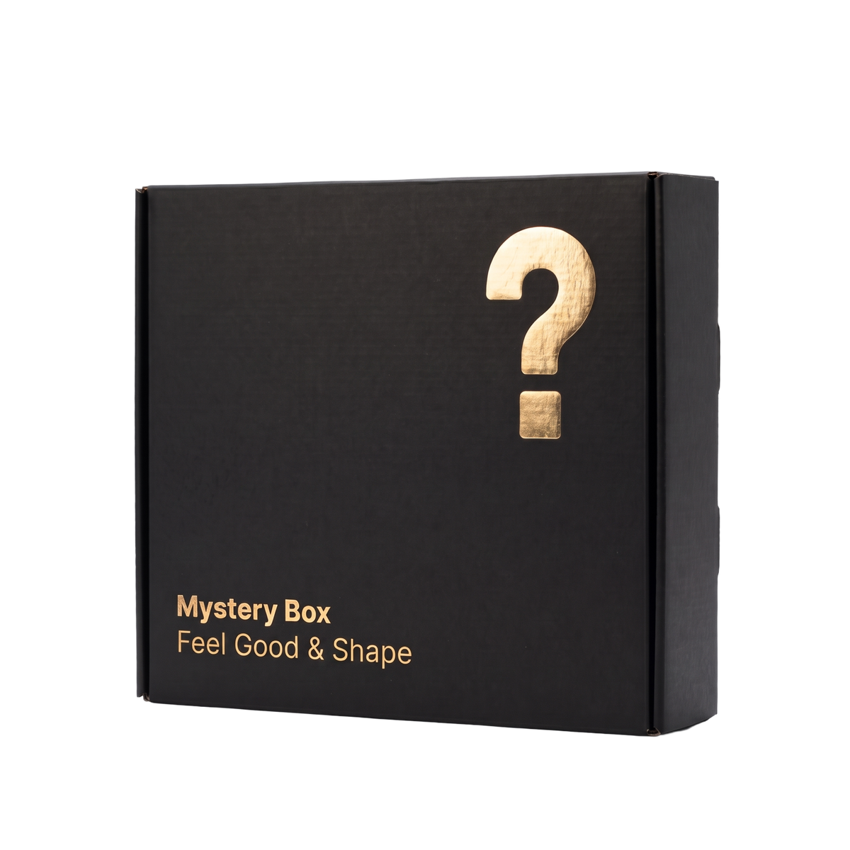 Schwarze Mystery Box von BRAINEFFECT mit goldener Aufschrift "Mystery Box" und "Feel Good & Shape" sowie einem großen goldenen Fragezeichen
