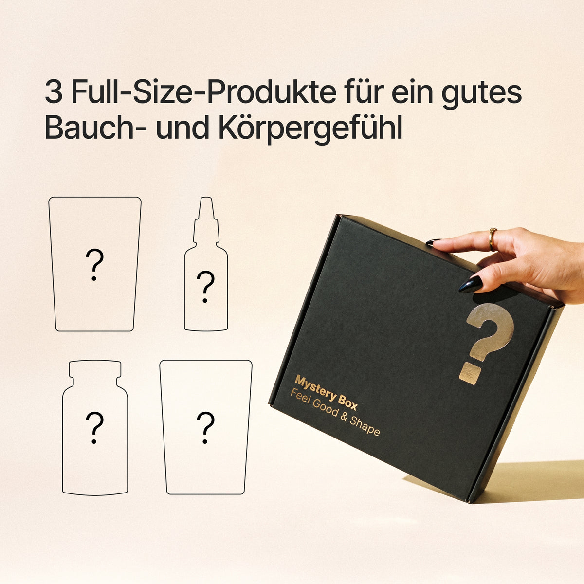 BRAINEFFECT Mystery Box mit der Aufschrift "3 Full-Size-Produkte für ein gutes Bauch- und Körpergefühl", "Mystery Box", "Feel Good & Shape" und Fragezeichen auf einer schwarzen Geschenkbox und Symbolen daneben