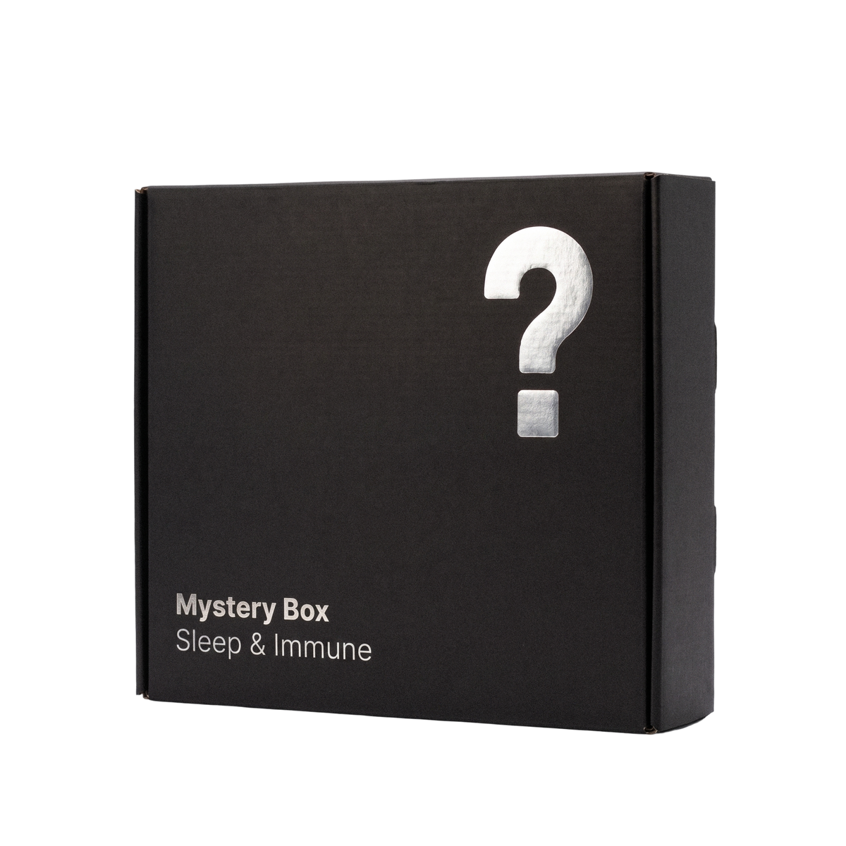 BRAINEFFECT Mystery Box mit der Aufschrift "Mystery Box Sleep & Immune" und silbernem Fragezeichen auf schwarzem Karton