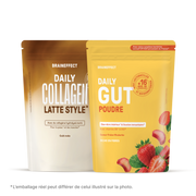 Deux sachets BRAINEFFECT sur fond sombre portant les inscriptions "BRAINEFFECT DAILY COLLAGEN LATTE STYLE*", "Avec du collagène hydrolysé marin", "Pour la peau¹ et les muscles²", "Goût moka", "BRAINEFFECT DAILY GUT POUDRE"