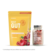 Gelber BRAINEFFECT Daily Gut Poudre Beutel und Kapselglas mit Aufschrift "BRAINEFFECT DAILY GUT POUDRE", "Avec notre complexe bactérien exclusif EP×12® provenant de France", "AVEC LACTOBACILLES + 16 MDS. DE PROBIOTIQUES ET BIFIDOBACTÉRIES"