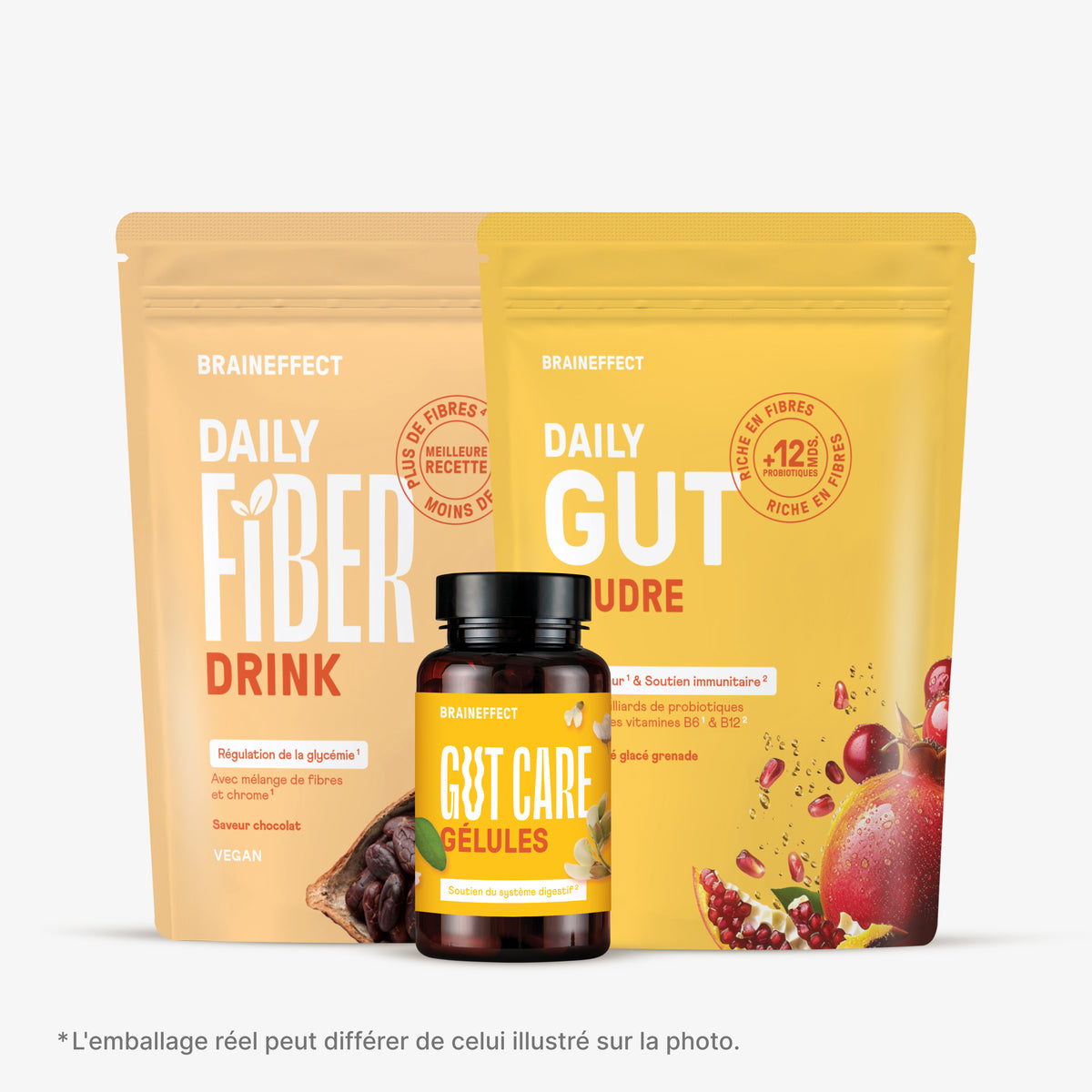 Deux sachets et un flacon BRAINEFFECT affichant les textes "BRAINEFFECT DAILY FIBER DRINK", "BRAINEFFECT GUT CARE GÉLULES" et "BRAINEFFECT DAILY GUT POUDRE" sur fond clair.