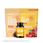 Deux sachets BRAINEFFECT "DAILY FIBER DRINK" et "DAILY GUT" ainsi qu'un pilulier "GUT CARE GÉLULES" sur fond noir avec la mention "* L’emballage réel peut différer de celui illustré sur la photo."