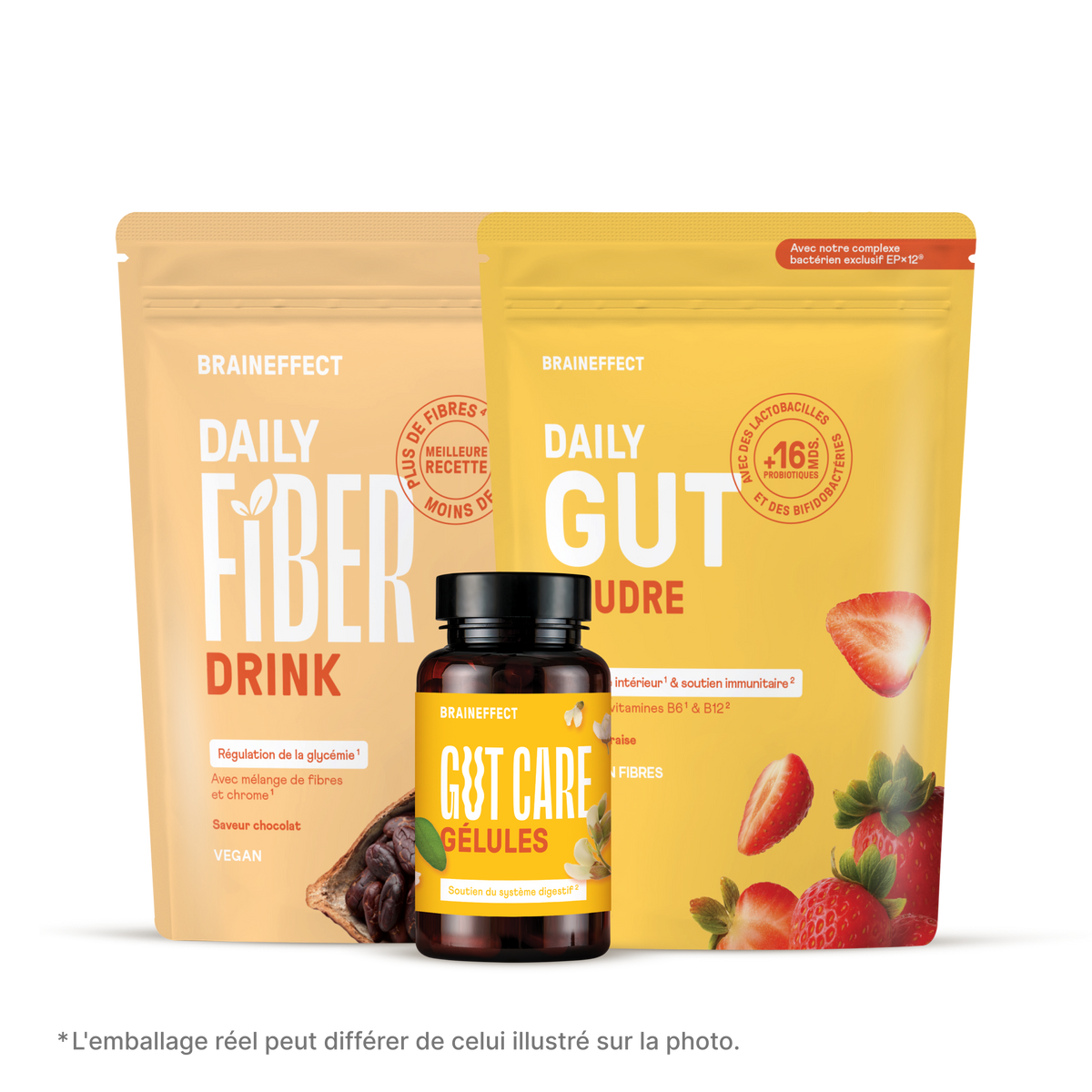 Deux sachets et un flacon de compléments BRAINEFFECT affichant les textes "BRAINEFFECT DAILY FIBER DRINK", "BRAINEFFECT DAILY GUT UDRE" et "BRAINEFFECT GUT CARE GÉLULES", ainsi que "*L'emballage réel peut différer de celui illustré sur la photo."