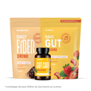 Drei BRAINEFFECT Produkte vor schwarzem Hintergrund mit den Aufschriften "BRAINEFFECT DAILY FIBER DRINK", "BRAINEFFECT GUT CARE GÉLULES" und "BRAINEFFECT DAILY GUT POUDRE".