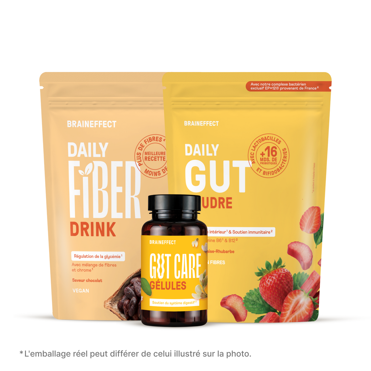 Trois produits BRAINEFFECT sur fond noir affichant les textes "BRAINEFFECT DAILY FIBER DRINK", "BRAINEFFECT GUT CARE GÉLULES" et "BRAINEFFECT DAILY GUT POUDRE".