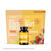 Zwei Nachfüllbeutel und eine Dose von BRAINEFFECT mit den Aufschriften "BRAINEFFECT DAILY FIBER DRINK", "BRAINEFFECT DAILY GUT POUDRE" und "BRAINEFFECT GUT CARE GÉLULES" vor schwarzem Hintergrund.
