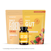 Zwei BRAINEFFECT Beutel und eine Dose mit den Aufschriften "BRAINEFFECT DAILY FIBER DRINK", "PLUS DE FIBRES", "MEILLEURE RECETTE", "Régulation de la glycémie", "Avec mélange de fibres et chrome", "Nature", "VEGAN", "BRAINEFFECT DAILY GUT", "UDRE"
