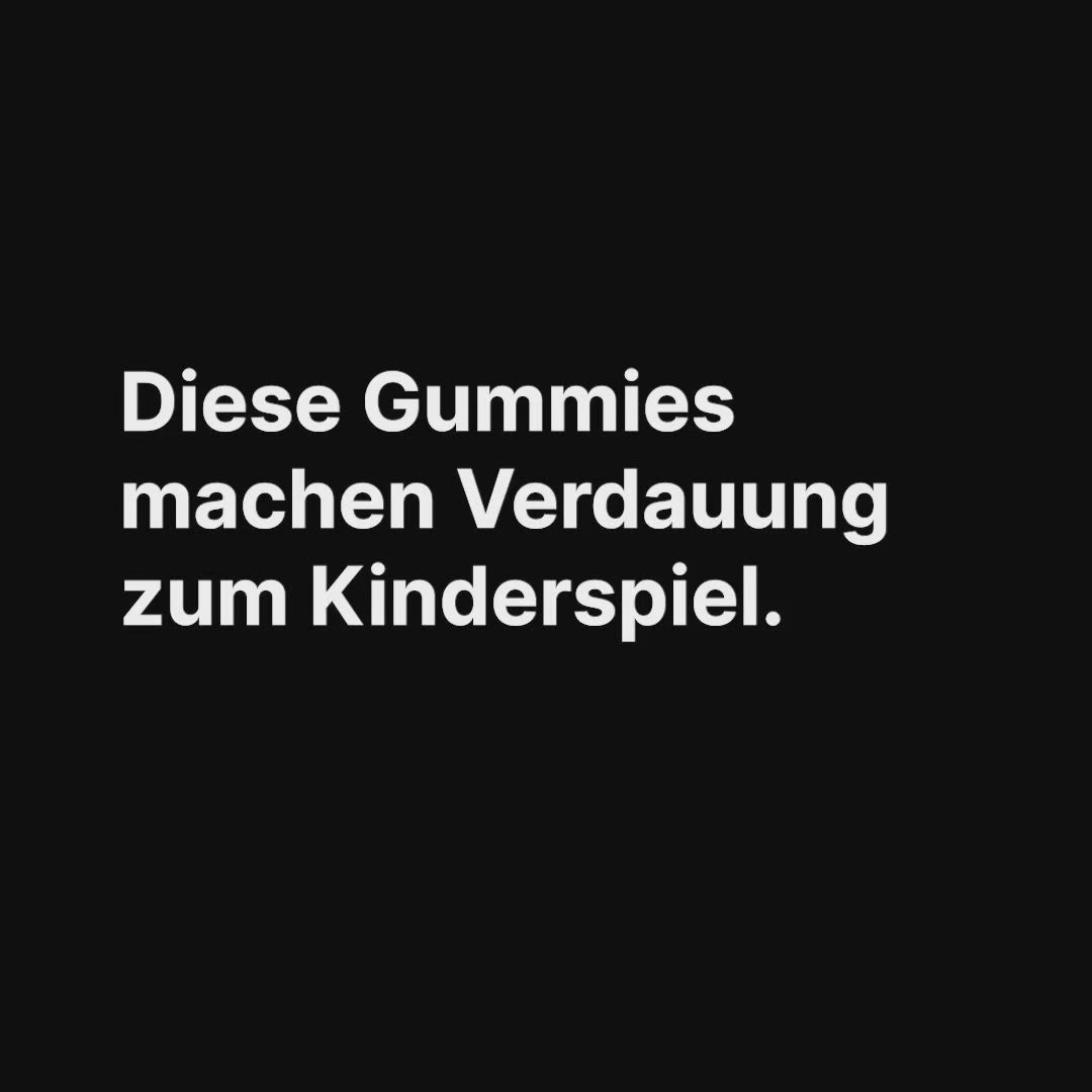 Video laden: Schwarzes Grafikbanner mit dem weißen Text "Diese Gummies machen Verdauung zum Kinderspiel." von BRAINEFFECT