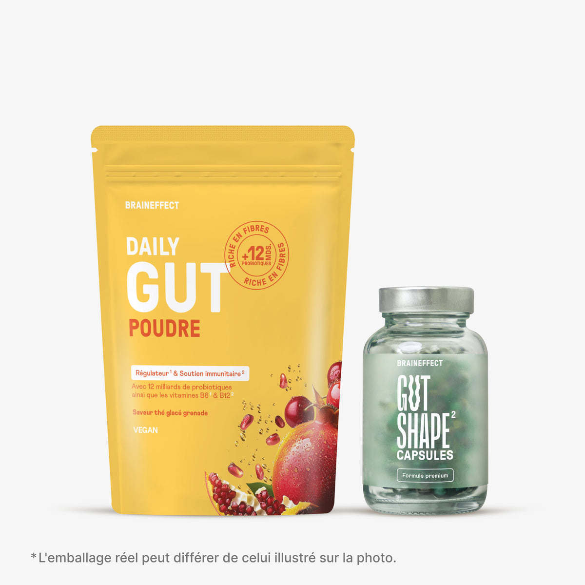 BRAINEFFECT Produkte "BRAINEFFECT", "DAILY GUT POUDRE", "RICHE EN FIBRES", "+12 MIO. PROBIOTIQUES", "RICHE EN FIBRES", "Régulateur & Soutien immunitaire", "Avec 12 milliards de probiotiques ainsi que les vitamines B6 & B12"