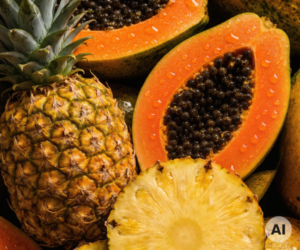 Ansicht von frischen Früchten mit einer ganzen Ananas, einer Ananasscheibe und aufgeschnittenen Papayas mit schwarzen Kernen, besetzt mit Wassertropfen und beschriftet mit "AI".