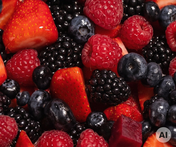 Nahaufnahme einer bunten Mischung aus Erdbeerstücken, Himbeeren, Blaubeeren und Brombeeren.