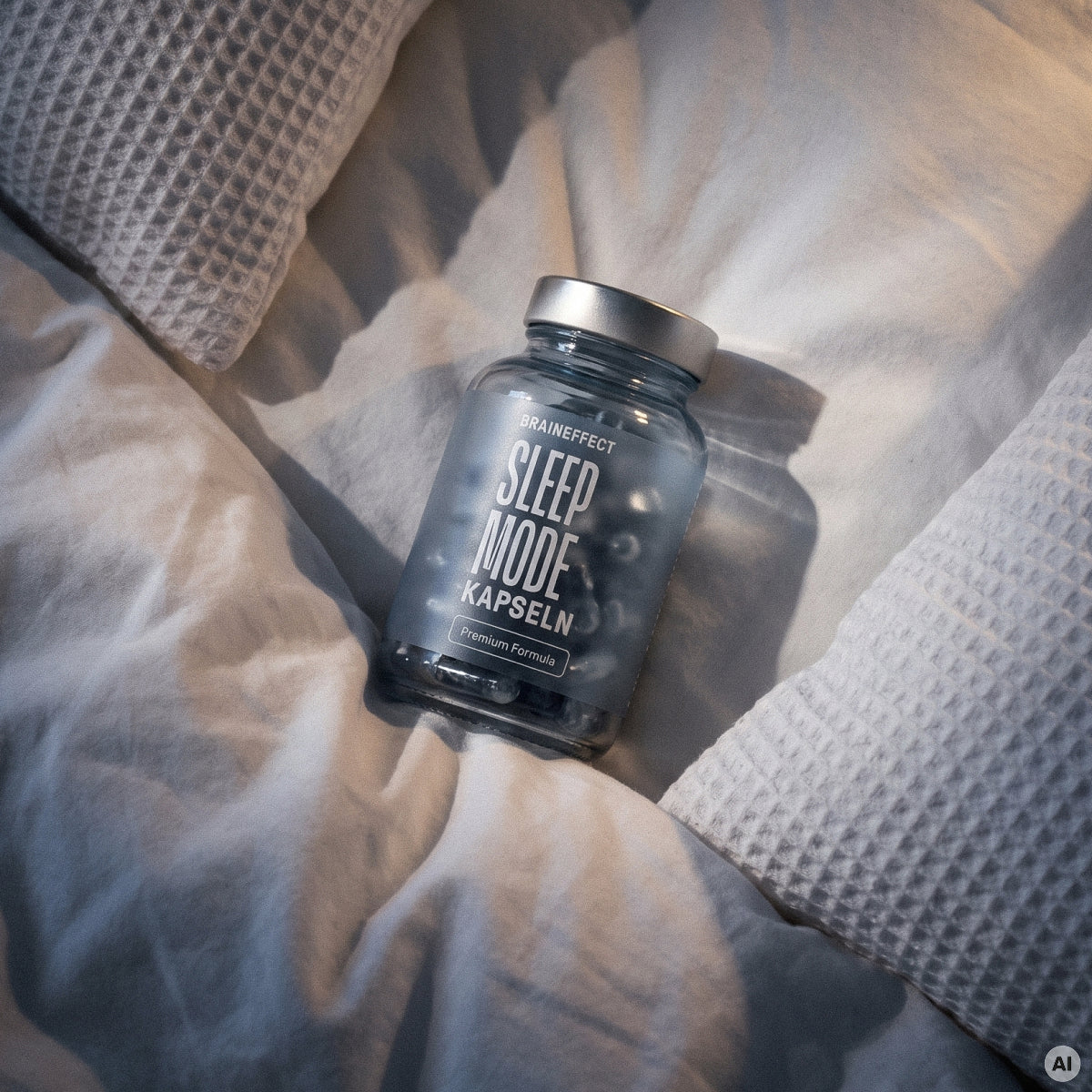 Un flacon BRAINEFFECT portant l'inscription "BRAINEFFECT SLEEP MODE KAPSELN Premium Formula" repose sur un lit blanc défait.