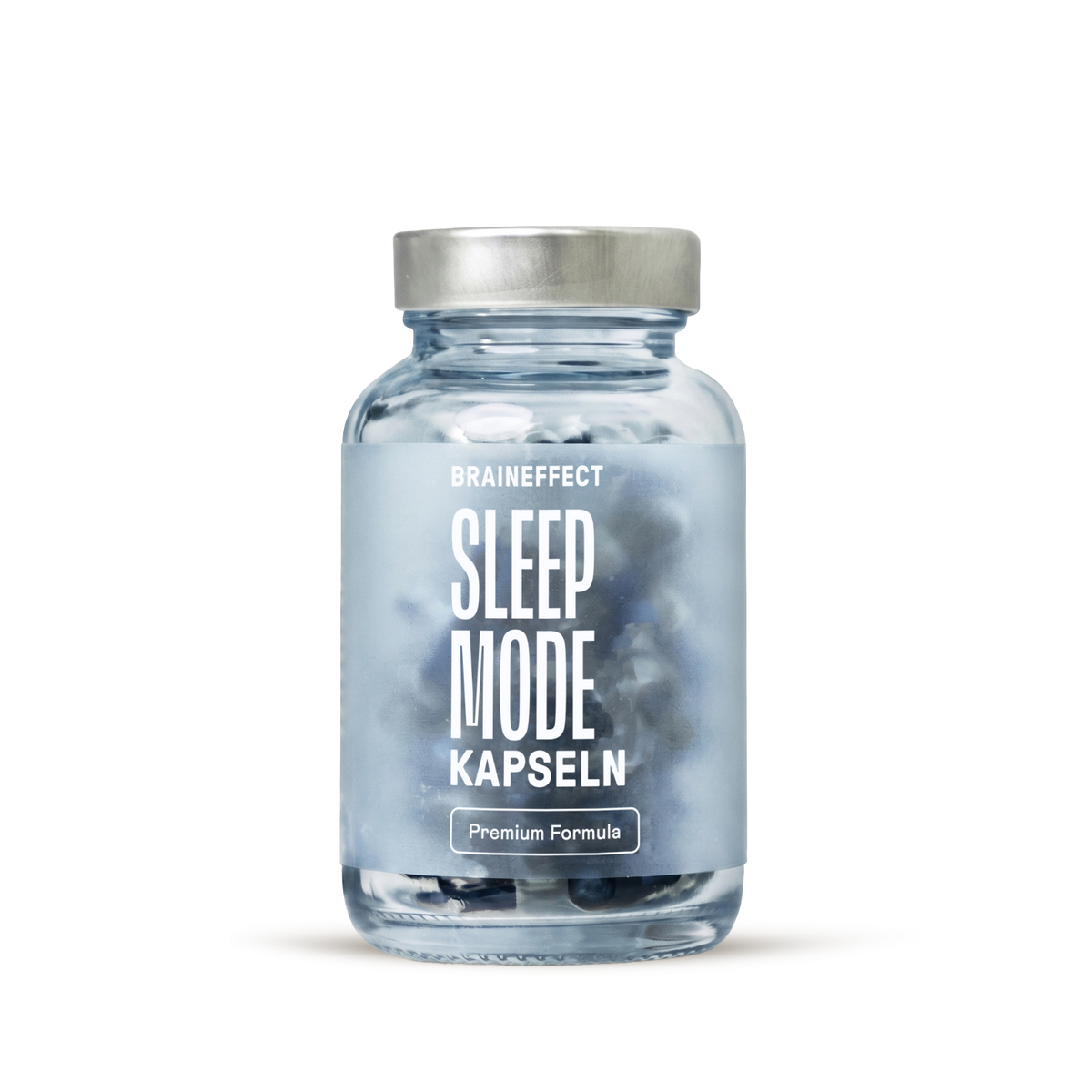 BRAINEFFECT SLEEP MODE KAPSELN Premium Formula Dose mit silbernem Deckel vor schwarzem Hintergrund