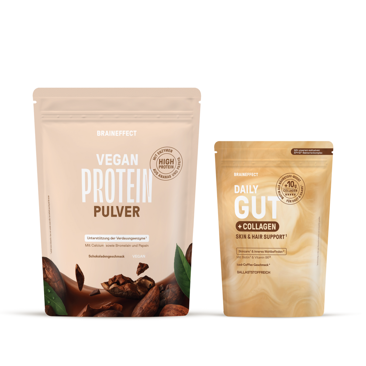 Two BRAINEFFECT pouches against a black background featuring the text "BRAINEFFECT VEGAN PROTEIN PULVER" and "BRAINEFFECT DAILY GUT + COLLAGEN SKIN & HAIR SUPPORT".