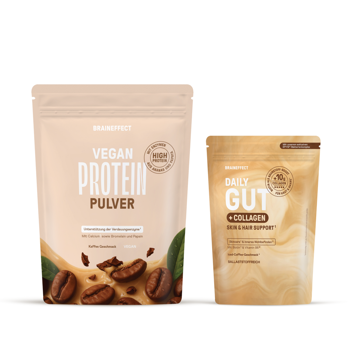 Two BRAINEFFECT pouches against a black background, on the left "VEGAN PROTEIN PULVER" with "BRAINEFFECT", "VEGAN", "HIGH PROTEIN", "Mit Enzymen aus Ananas und Papaya", "Unterstützung der Verdauungsezyme", "Mit Calcium sowie Bromelain und Papain"