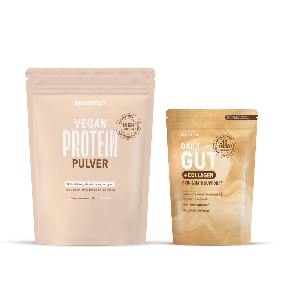 Two BRAINEFFECT pouches against a black background featuring the text "VEGAN PROTEIN PULVER", "HIGH PROTEIN", "Unterstützung der Verdauungsenzyme", "Mit Calcium sowie Bromelain und Papain", "Geschmacksneutral", "VEGAN", "DAILY GUT + COLLAGEN"