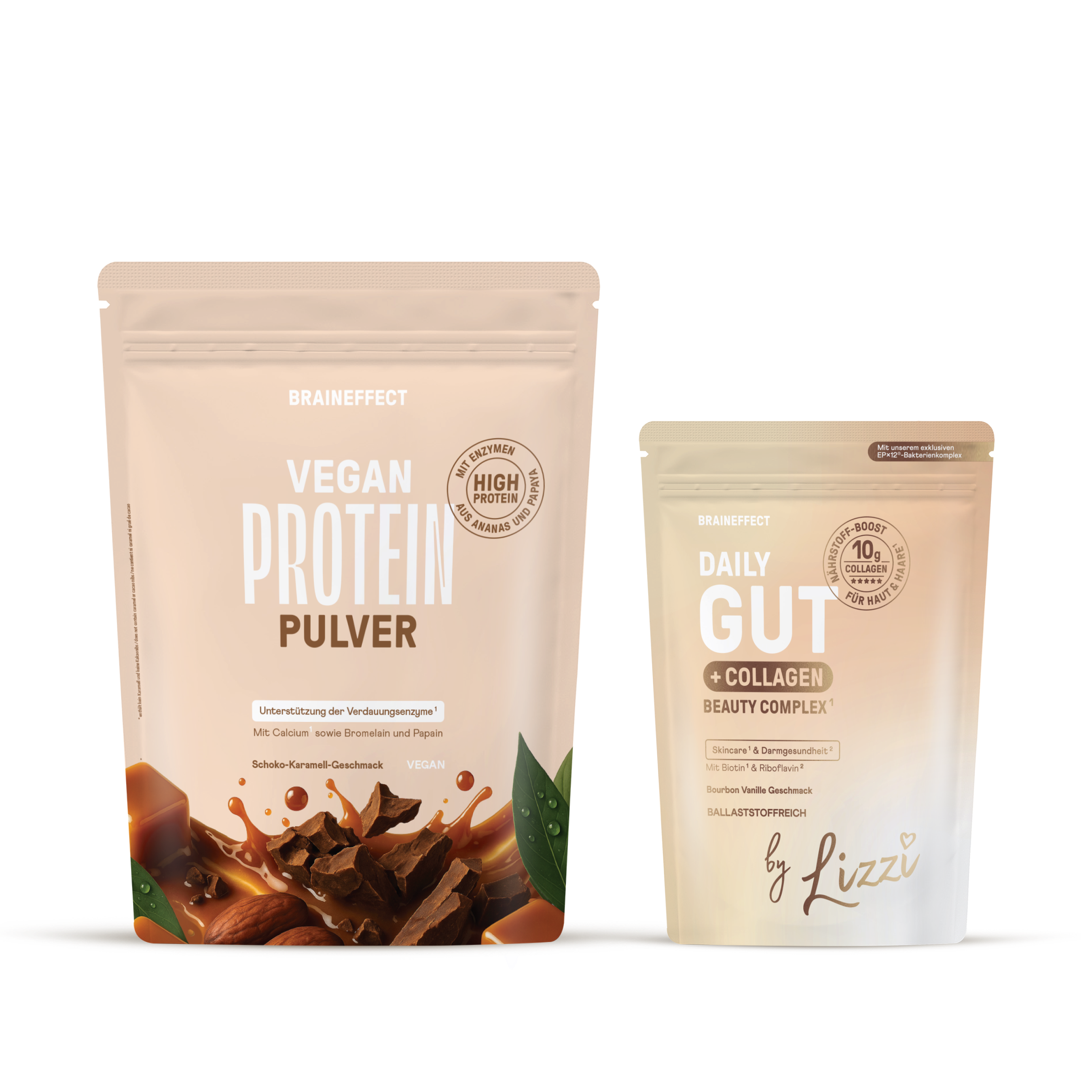 Zwei BRAINEFFECT Standbeutel auf schwarzem Hintergrund mit den Aufschriften "BRAINEFFECT VEGAN PROTEIN PULVER" und "BRAINEFFECT DAILY GUT + COLLAGEN BEAUTY COMPLEX by Lizzi".