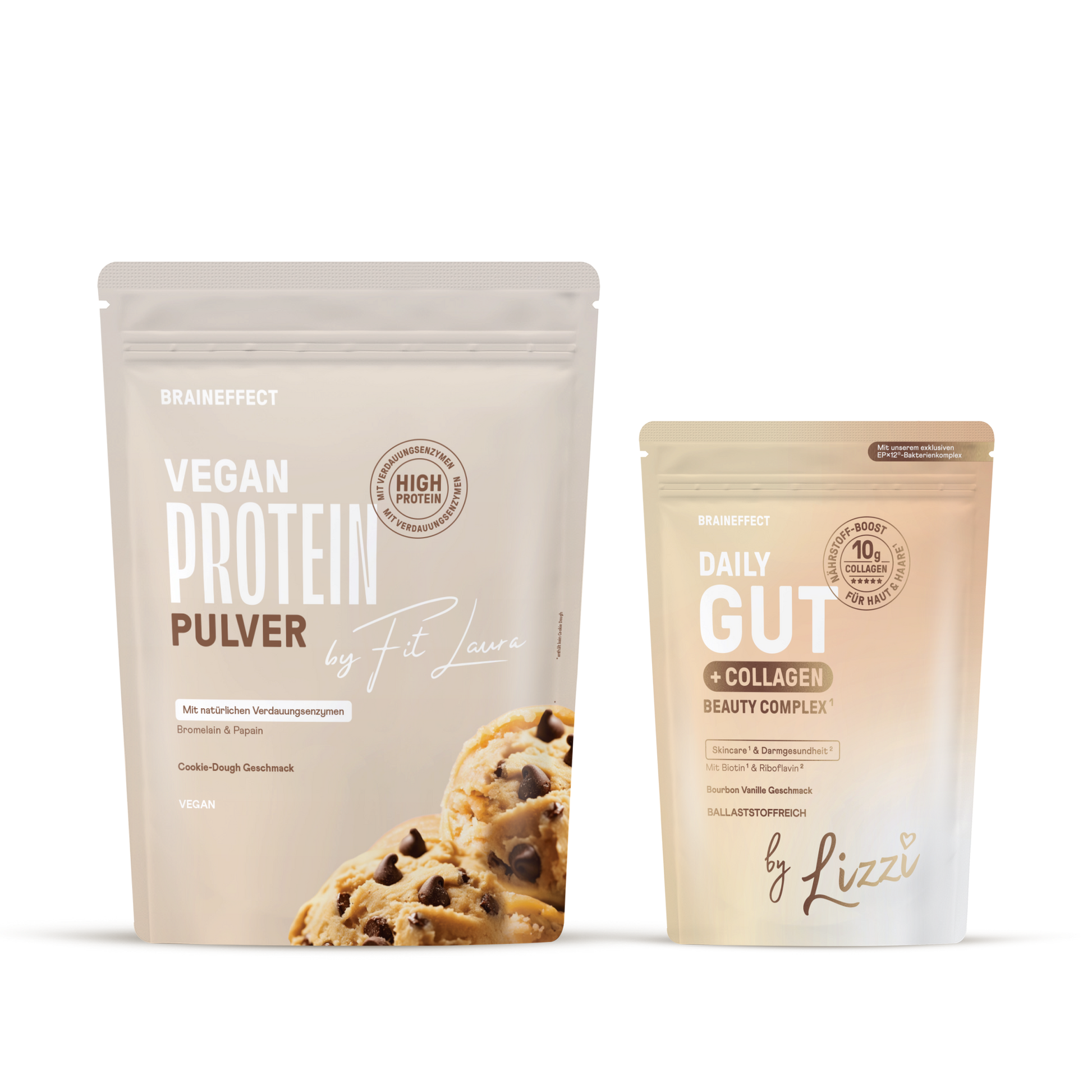Zwei BRAINEFFECT Standbodenbeutel vor schwarzem Hintergrund mit den Aufschriften "VEGAN PROTEIN PULVER by Fit Laura", "HIGH PROTEIN", "Mit natürlichen Verdauungsenzymen Bromelain & Papain", "Cookie-Dough Geschmack", "VEGAN"
