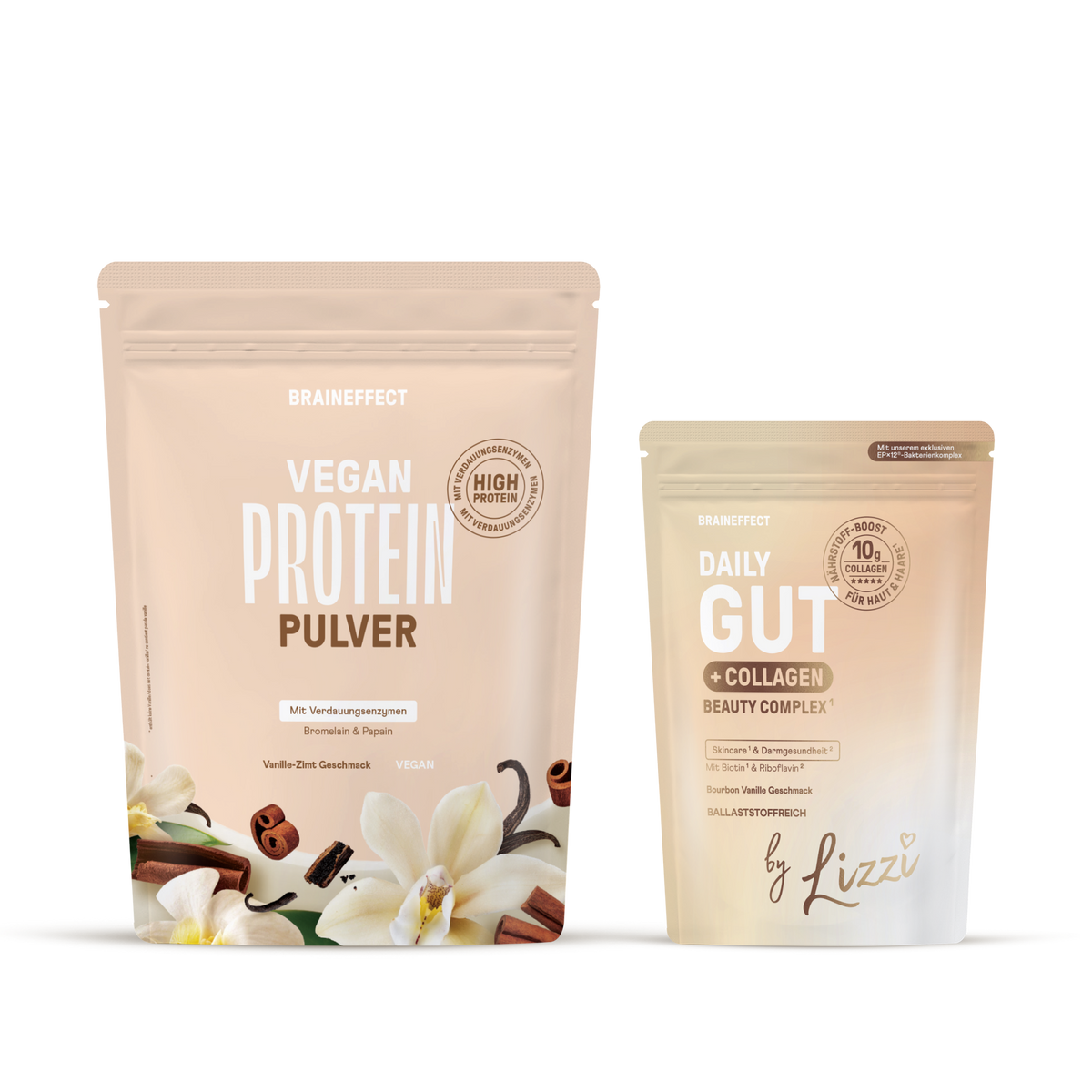 Two beige BRAINEFFECT pouches against a black background featuring the text "VEGAN PROTEIN PULVER", "HIGH PROTEIN", "Mit Verdauungsenzymen Bromelain & Papain", "Vanille-Zimt Geschmack", "VEGAN", "BRAINEFFECT", "DAILY GUT + COLLAGEN BEAUTY COMPLEX"