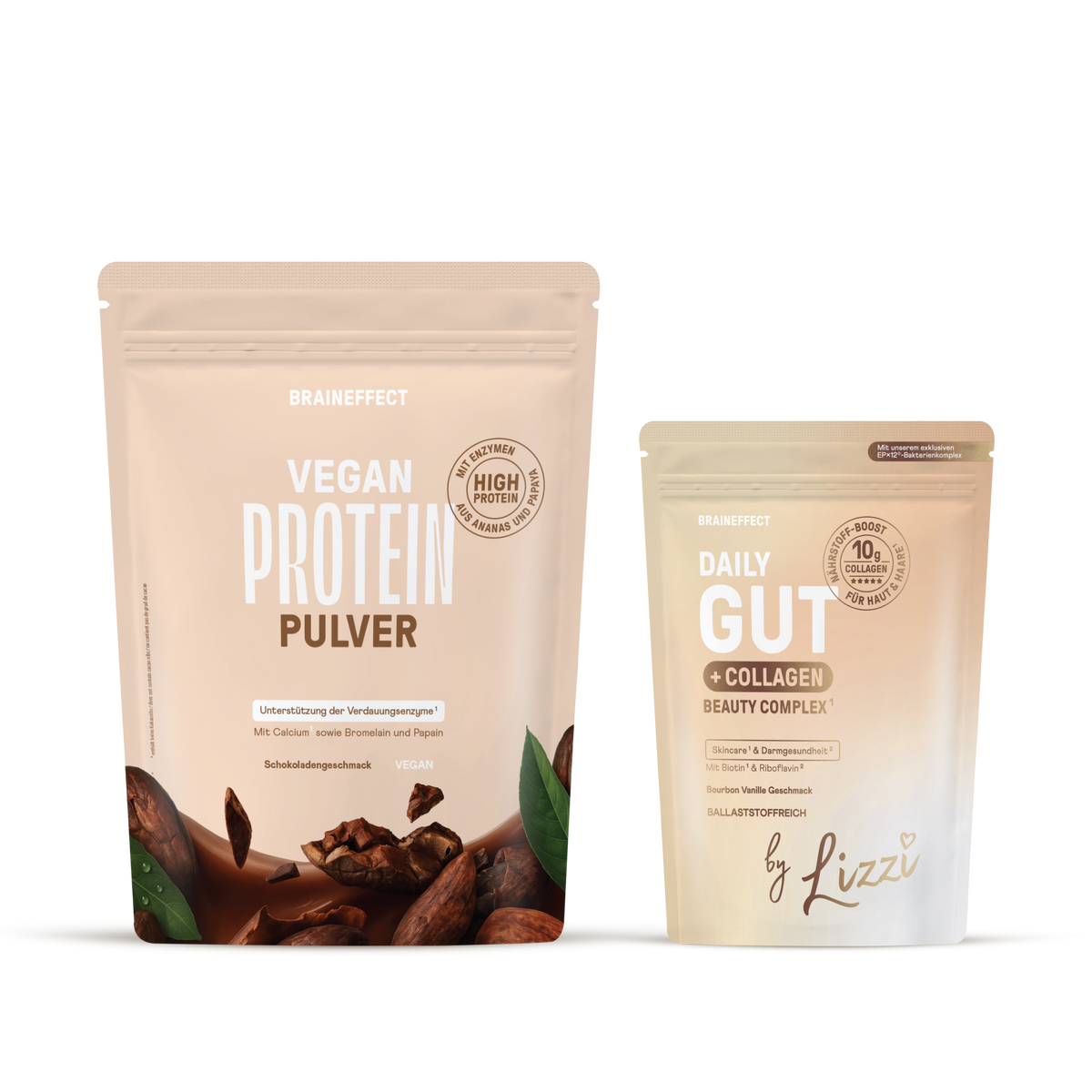 Two BRAINEFFECT pouches against a black background labeled "BRAINEFFECT VEGAN PROTEIN PULVER" and "BRAINEFFECT DAILY GUT + COLLAGEN BEAUTY COMPLEX by Lizzi"