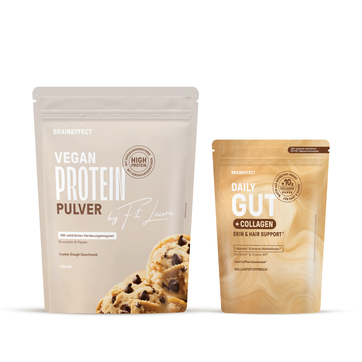 Two BRAINEFFECT pouches against a black background labeled "BRAINEFFECT VEGAN PROTEIN PULVER by Fit Laura HIGH PROTEIN Mit natürlichen Verdauungsenzymen Bromelain & Papain Cookie-Dough Geschmack VEGAN"
