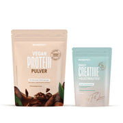 BRAINEFFECT Vegan Protein Powder chocolate flavor featuring "VEGAN PROTEIN PULVER" and BRAINEFFECT Daily Creatine + Electrolytes coconut lemon flavor featuring "DAILY CREATINE + ELECTROLYTES" on a white background.