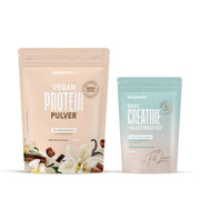 BRAINEFFECT vegan protein powder and daily creatine with electrolytes pouches featuring labels "BRAINEFFECT", "VEGAN PROTEIN PULVER", "HIGH PROTEIN", "Mit Verdaungsenzymen Bromelain & Papain", "Vanille-Zimt Geschmack", "VEGAN", "BRAINEFFECT"