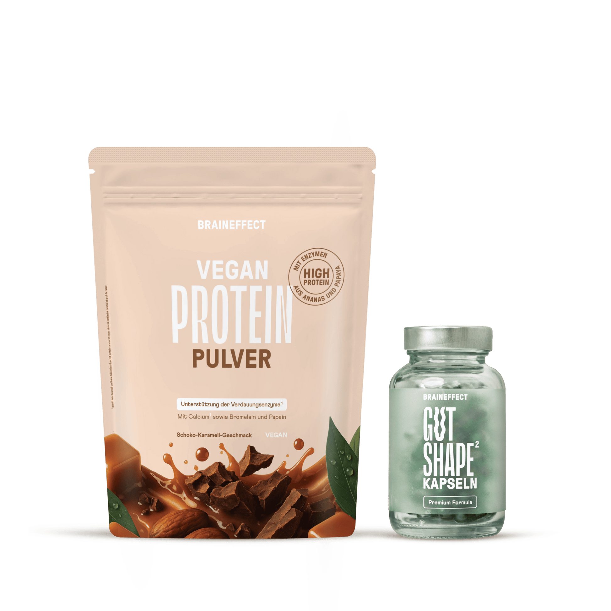 BRAINEFFECT VEGAN PROTEIN PULVER mit Aufschrift "BRAINEFFECT VEGAN PROTEIN PULVER", "Unterstützung der Verdauungsenzyme", "Mit Calcium sowie Bromelain und Papain", "Schoko-Karamell-Geschmack" und "VEGAN"