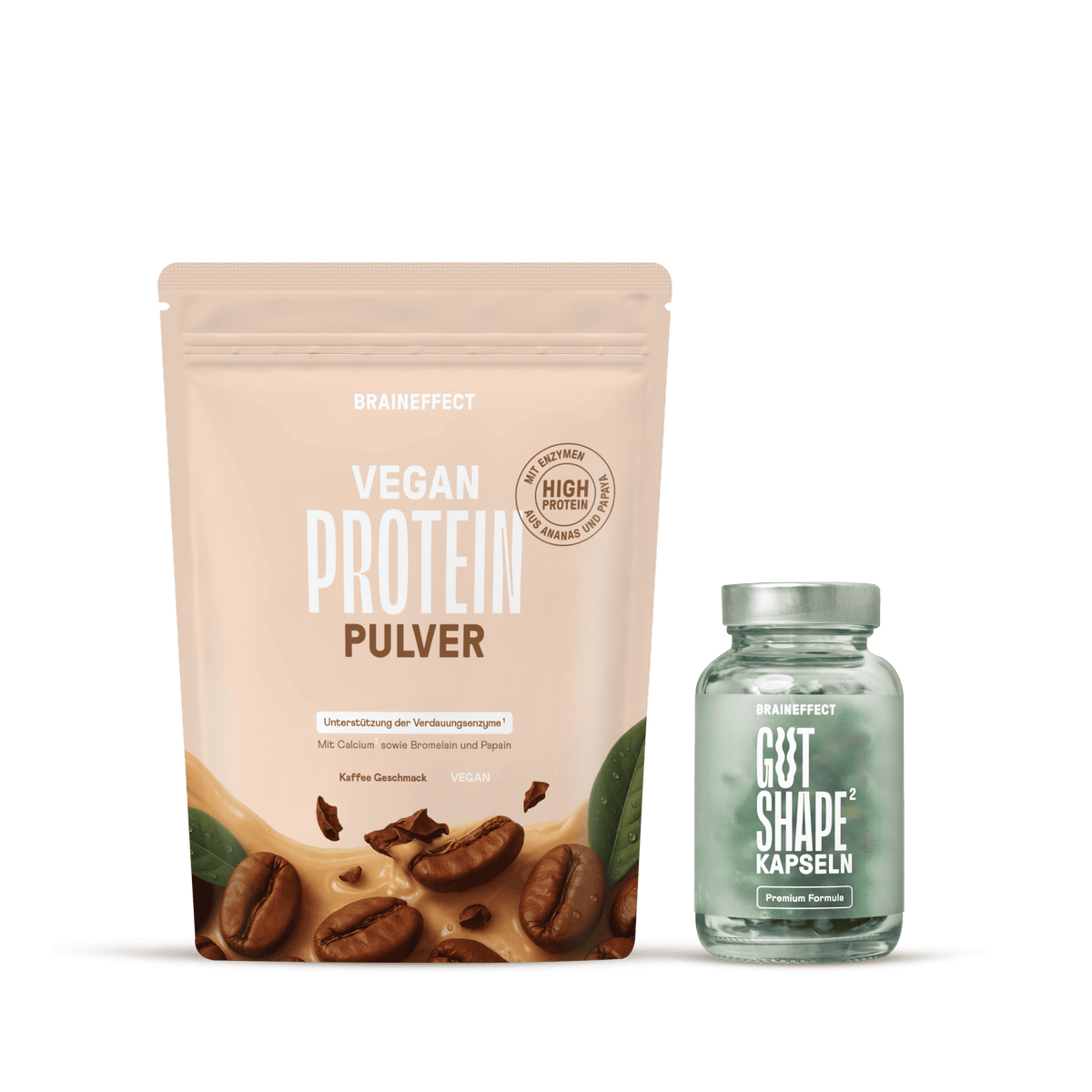 BRAINEFFECT VEGAN PROTEIN PULVER mit Kaffeegeschmack und eine Dose BRAINEFFECT GUT SHAPE KAPSELN auf schwarzem Hintergrund vor Kaffeebohnen und einem cremig braunen Kaffeeschwung
