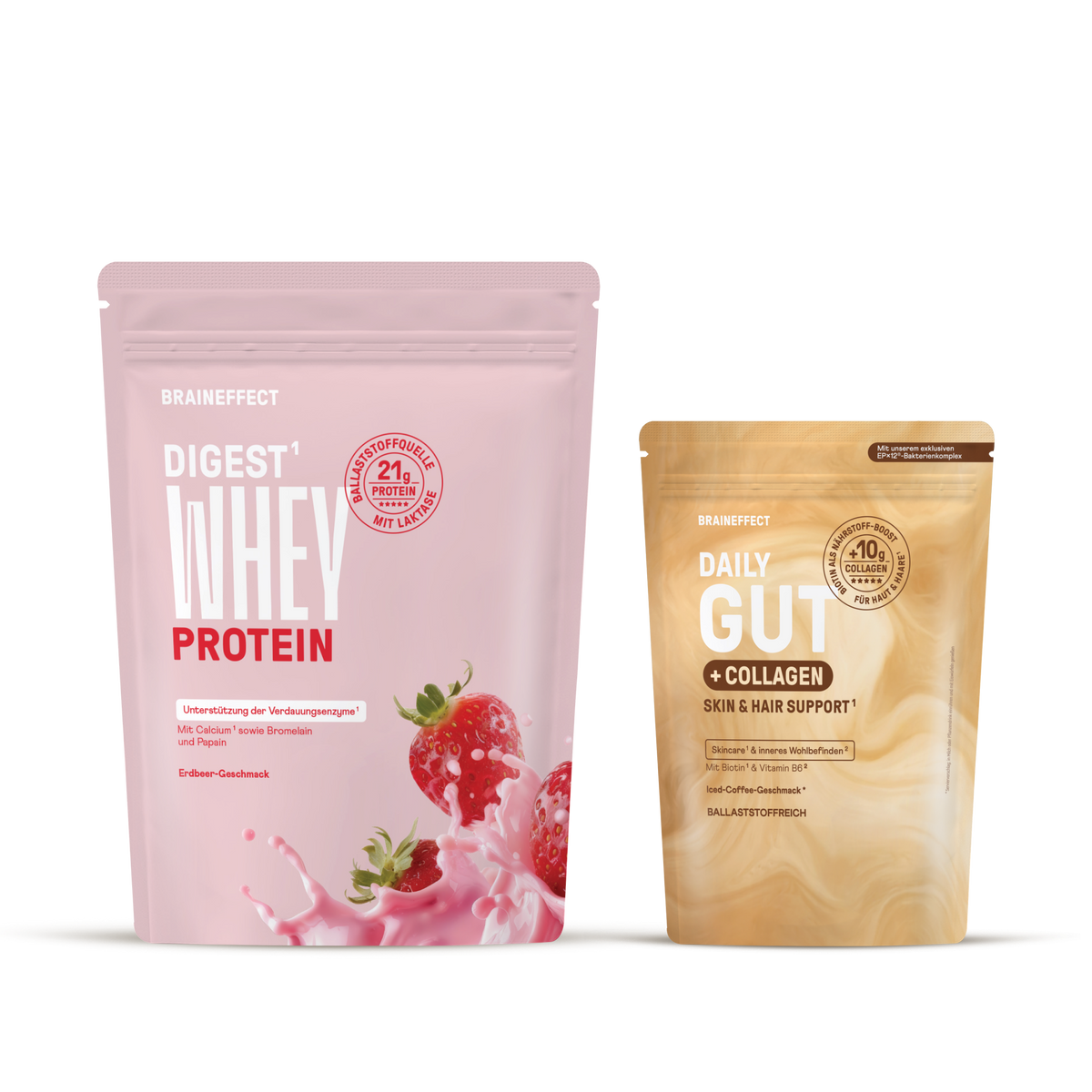Zwei BRAINEFFECT Standbodenbeutel vor schwarzem Hintergrund mit den Aufschriften "BRAINEFFECT DIGEST WHEY PROTEIN", "BALLASTSTOFFQUELLE 21g PROTEIN MIT LAKTASE", "Unterstützung der Verdauungsenzyme", "Mit Calcium sowie Bromelain und Papain"
