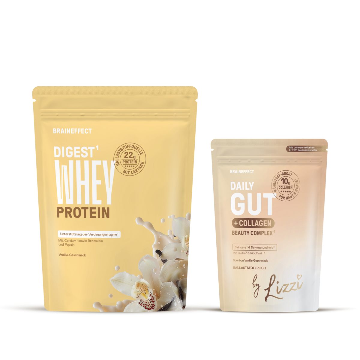 Zwei BRAINEFFECT Beutel vor schwarzem Hintergrund mit den Aufschriften "BRAINEFFECT DIGEST WEY PROTEIN" sowie "BRAINEFFECT DAILY GUT + COLLAGEN BEAUTY COMPLEX".